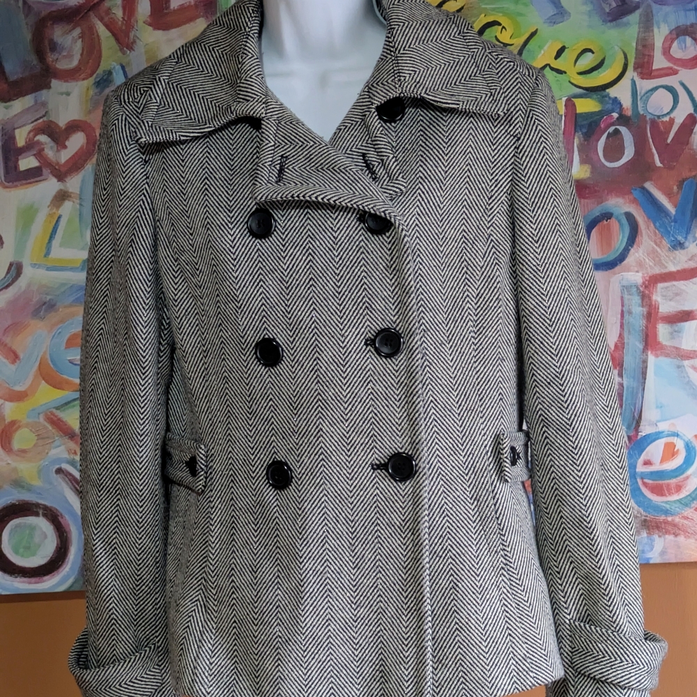 Express Black and White Herringbone Pea Coat